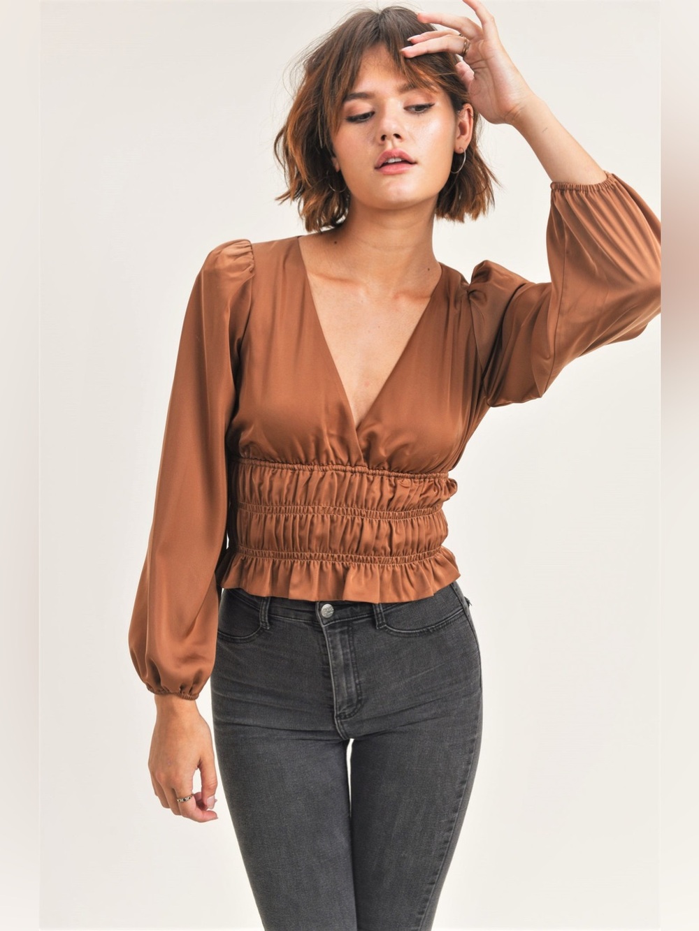 RESET by Jane Fay Top Rust Brown V-Neck Smocked Waist Blouse Sz Medium